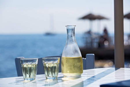 Bottle of wine and two glasses on the background of the sea