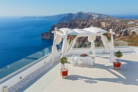 Wedding decorations with flower on the background of the seaの写真素材