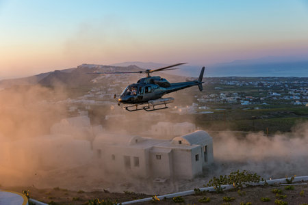 Military helicopter in the fog and comes to a landing spotのeditorial素材