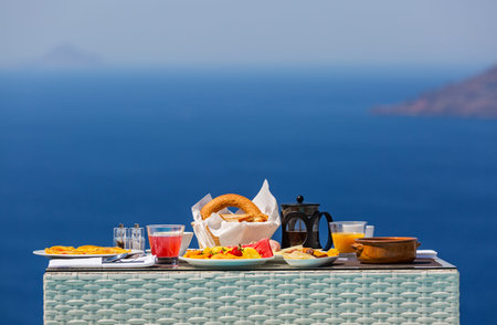 Fresh Breakfast on the background of seaの写真素材