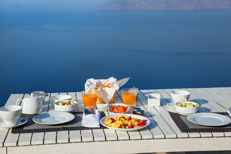 Fresh Breakfast in a beautiful location with sea viewsの写真素材