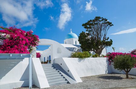 Beautiful white Church on Santorini island, Greeceの写真素材