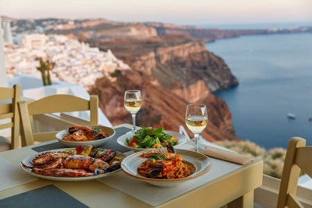 Dinner for two in a restaurant overlooking the sea and the island of Santorini, Greeceの写真素材