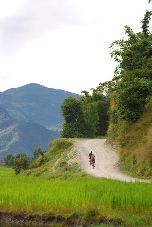 Riding a bike around fewa lake,nepalの写真素材