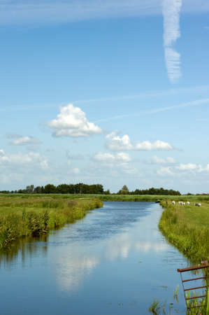 Green fields, creek and windmills in famous Zaanse Schans village near Amsterdam, Netherlandsの写真素材