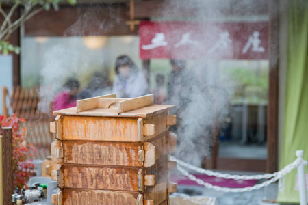 Wooden case in front of storeの写真素材
