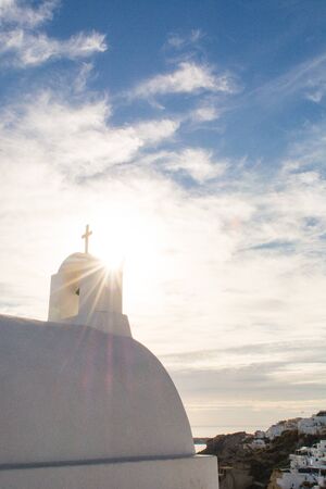 White church with a bell tower. Photo taken in Santorini island, Greeceの写真素材