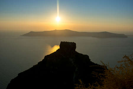 View of caldera in Santorini island, Greece. Photo taken during sunsetの写真素材