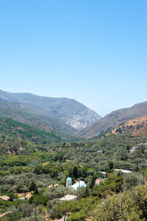 A view of a valley between mountains in Crete island, Greeceの写真素材