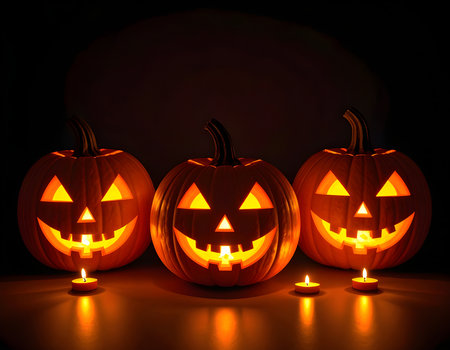 Halloween pumpkins with candles on black background. 3d illustrationの素材