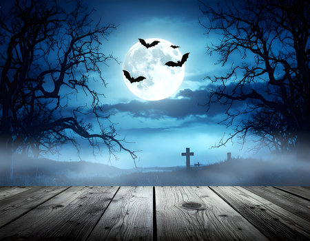 Halloween background with full moon, bats and old cemetery. Halloween conceptの素材