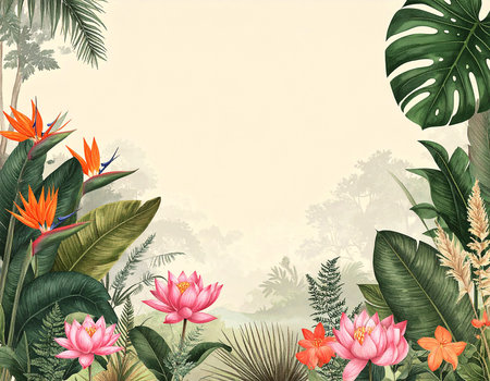 Tropical background with flowers and leaves. Vector illustration. EPS10の素材