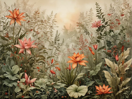 Beautiful summer landscape with blooming lily flowers. Digital painting.の素材