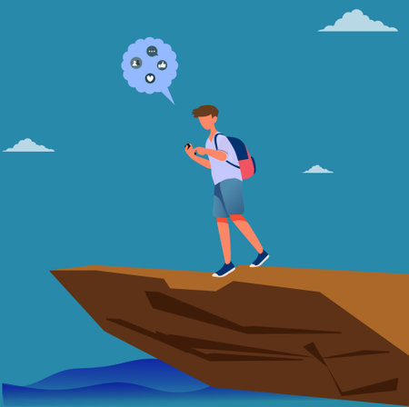 Distracted young man using his cell phone walks along the road. boy about to fall off the cliff..のイラスト素材