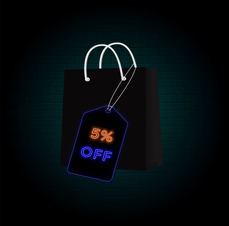 5 off. five percent off. neon style. Shopping bag. big offer, sale, special offer tag. sticker, tag, banner, advertising, offer icon. brick wall backgroundのイラスト素材