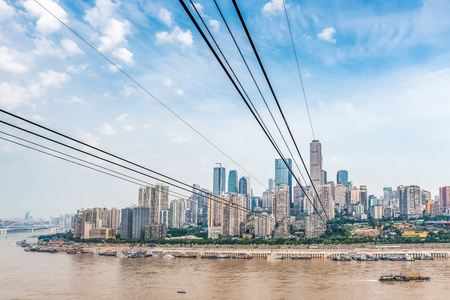View of an urban city by the riverの写真素材