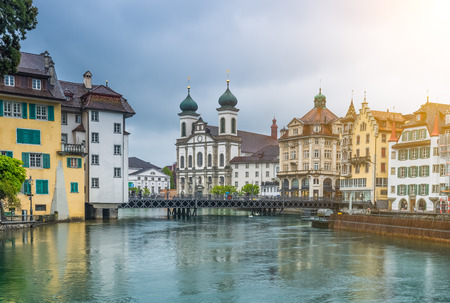 Town with buildings by a riverの写真素材