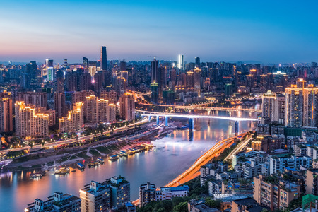 cityscape and skyline of downtown near water of chongqing at nightのeditorial素材