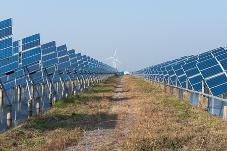 Photovoltaic installations on the surface of the waterの写真素材