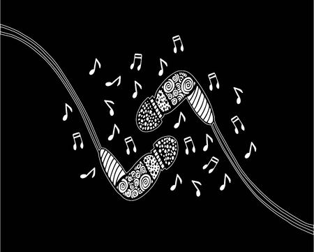 Doodle style headphones vector illustration with musical notes, hand drawingのイラスト素材