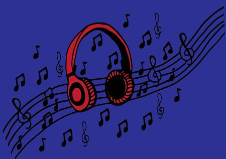 Doodle style headphones vector illustration with musical notes, hand drawingのイラスト素材