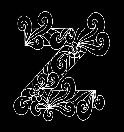 stylized alphabet. Letter Z in doodle style. Hand drawn sketch font, vector illustration for coloring page, makhendas or decorationのイラスト素材