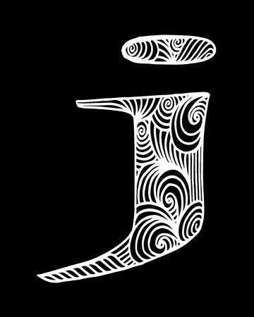 Zentangle stylized alphabet. Letter j in doodle style. Hand drawn sketch font, vector illustration for coloring page, makhendas or decorationのイラスト素材