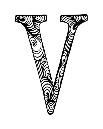 Letter v in doodle style. Hand drawn sketch font, vector illustration for coloring page, makhendas or decorationのイラスト素材