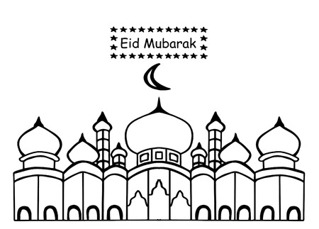 Eid mubarak with mosque using doodle style, hand drawingのイラスト素材