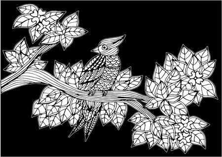 Hand drawn bird  on a branch of a blossomingのイラスト素材