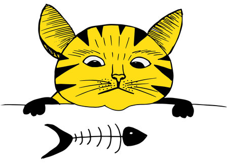 Cute cat and fish. Cartoon style, hand drawing