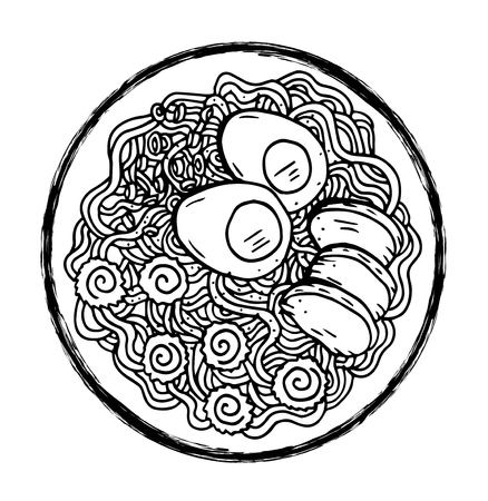 Hand drawn Japanese food sketch Illustration. Retro style. Sushi bar. Miso soup. Ramenのイラスト素材