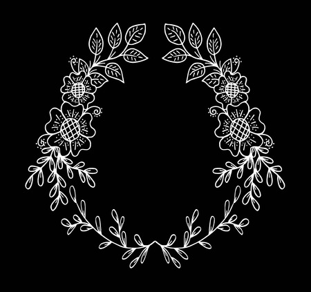 Decorative frame composition with, flowers, ornate elements in doodle style. Floral, ornate, decorative design elementsのイラスト素材