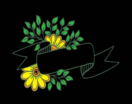 Abstract blank ribbon banner with floral background, vector illustration, hand drawingのイラスト素材