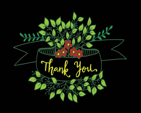 Thank you text, handwritten. Calligraphy lettering Vector illustration with ribbon and flowers backgroundのイラスト素材