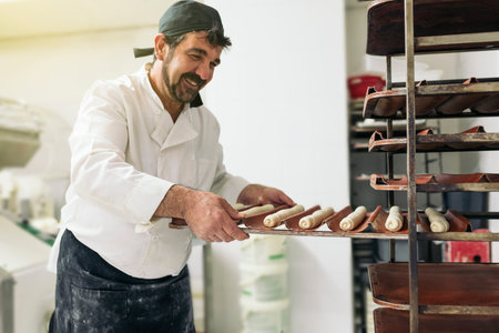 Baker kneading dough in a bakery. Bakery Concept.の写真素材