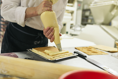 Female pastry chef decorating dessert in the kitchen. Cooking Concept.の写真素材