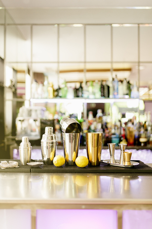 Barman tools for mixing alcohol. Shakers in a pub.の写真素材