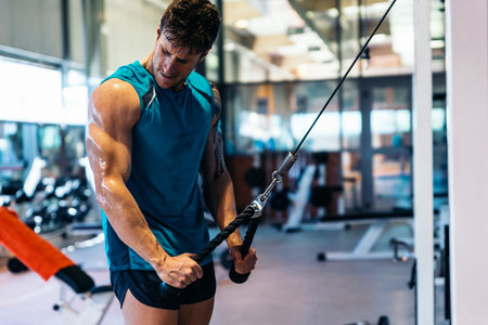 Fitness, workout, gym, lifestyle concept. Man training in club gym.