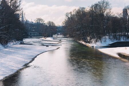 MariannenbrÃ¼cke bridge view. Winter weather in Munich. の写真素材