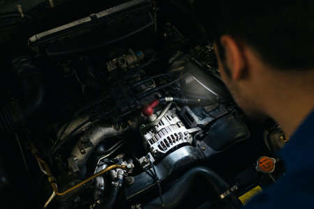 Professional Mechanic Repairing Car Engine in Garage.