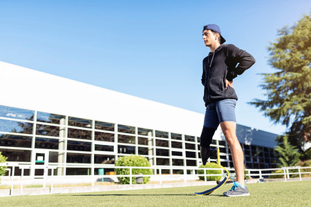 Portrait of disabled man athlete with leg prosthesis. Paralympic Sport Concept.