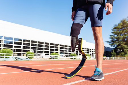 Close up disabled man athlete with leg prosthesis.の写真素材