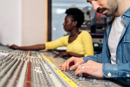 Stock photo of unrecognized person using control panel in professional music studio.