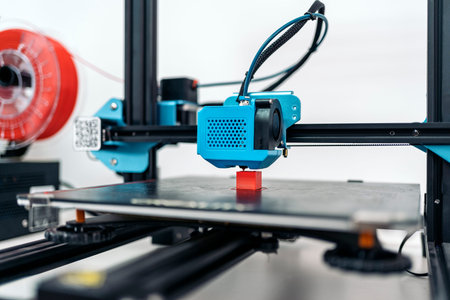 Stock photo of modern 3d printer printing cool red design.