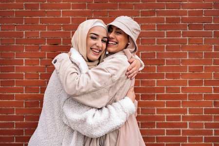 Affective young women wearing hijab smiling and looking at camera.