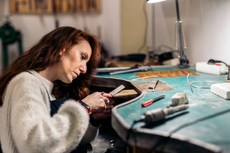 Stock photo of concentrated woman working in jewelry workshop.