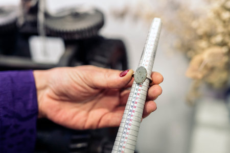 Unrecognized woman measuring ring size in jewelry workshop.の写真素材