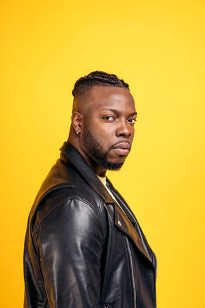 African american man with cool hairstyle and wearing black leather jacket posing in studio shot against yellow background.の写真素材