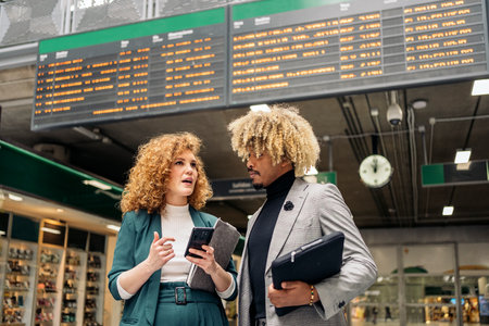 Business woman with formal wear talking with her african coworker and using mobile phone. They are in a train station in Madrid.の写真素材